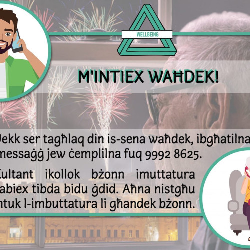 A 24/7 Loneliness Response Line is launched on March 23, 2020 in response to the COVID-19 Pandemic. This social media poster encourages those who are spending New Year's Eve alone to give us a call.